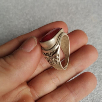 Chinese Old Antique Tibetan Inlaid Green Red Agate Gemstone Ring Collection