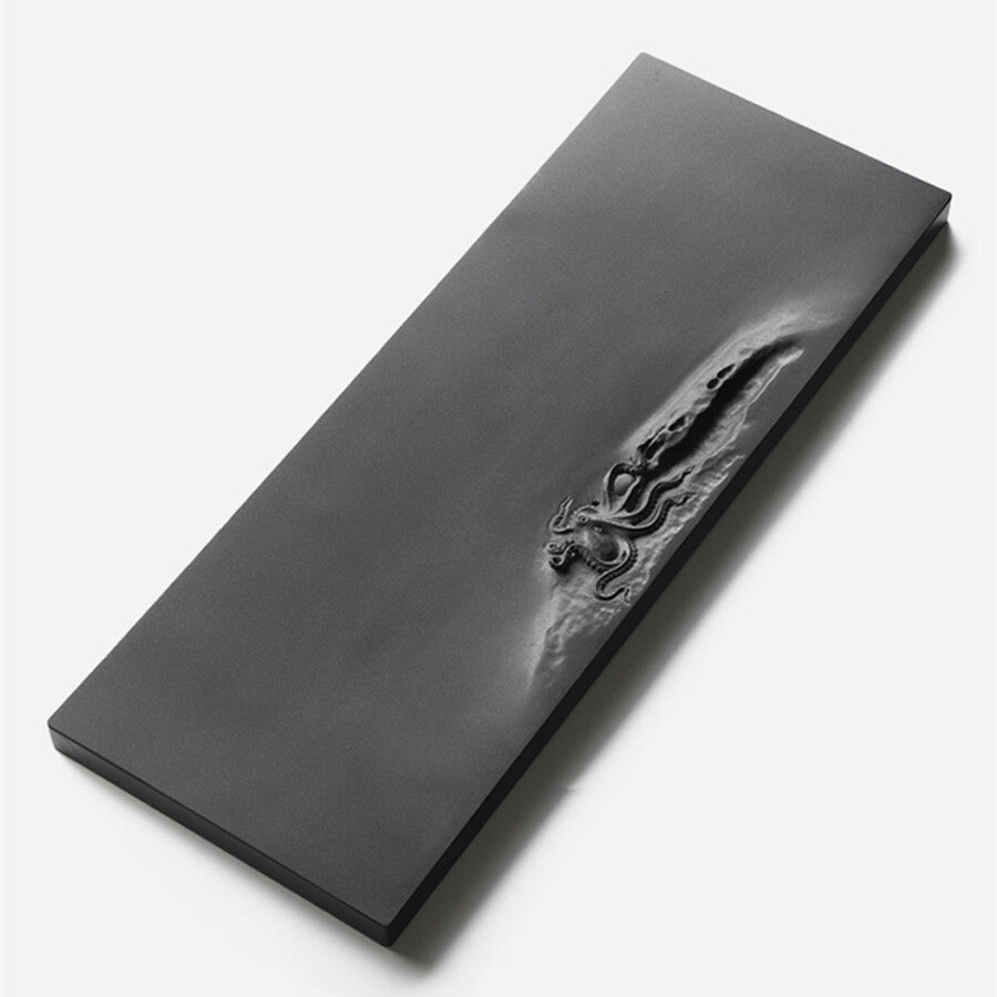 Full Handmade Carved Tea Tray Black Stone Octopus Engraved Water Draining Trays