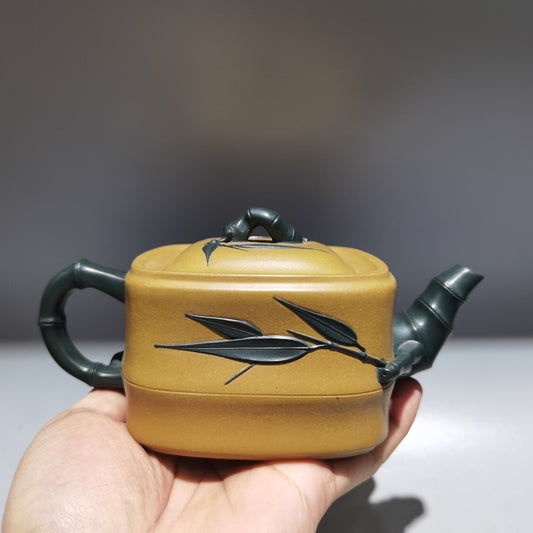 6.6"Yixing Zisha Pottery Yellow Duan Clay 360CC Hand Made Bamboo FourSidesTeapot