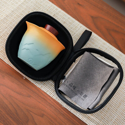 Travel Tea Set With Portable Bag Porcelain Tea Pot 4 Matching Tea Cups Towel New