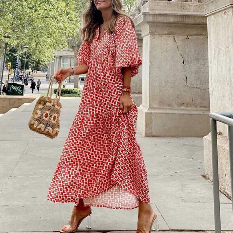 Women 3/4 Sleeve Maxi Dress Baggy Tunic V Neck Dresses Printed Boho Party Beach