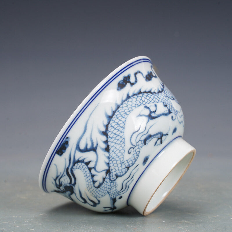 4.3" Collection Chinese Yuan Blue-and-white Porcelain Animal Dragon Bowl
