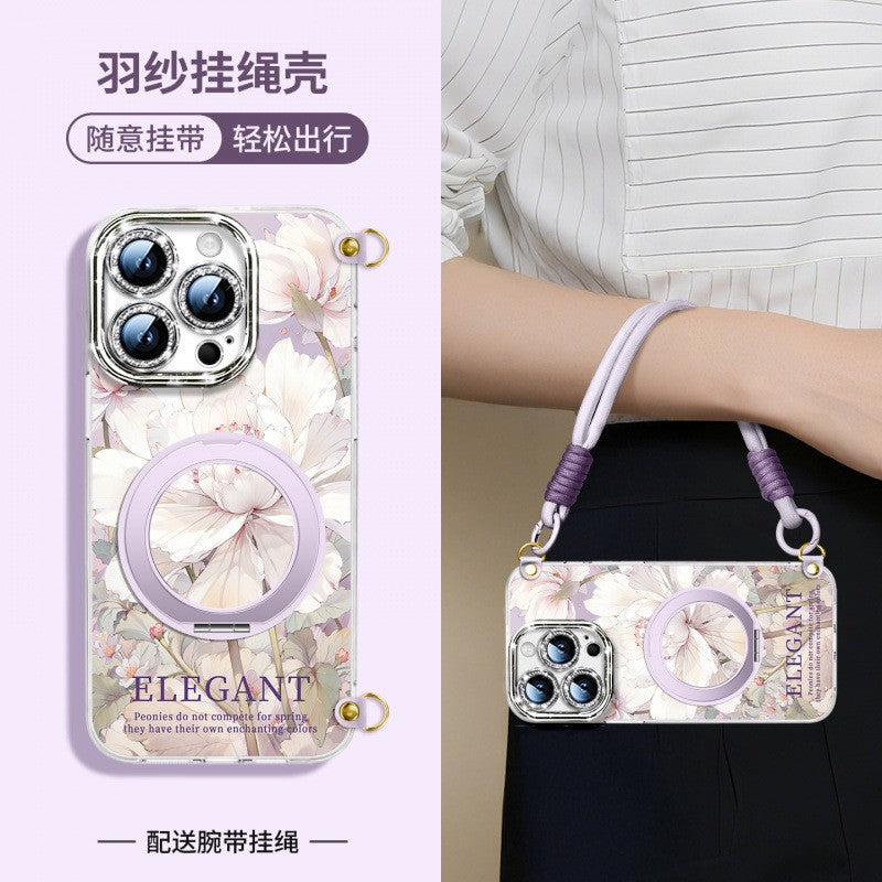 For iPhone 16 Pro/15/14/13 Flower Phone Case with Lanyard/Stand/Crossbody Strap