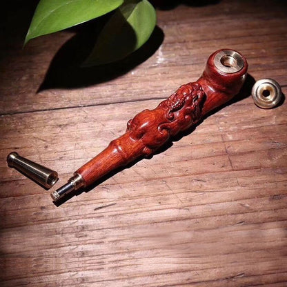 Lobular Red Sandalwood Pixiu Pipe Carved Filterable Brass Mouthpiece 2-in-1