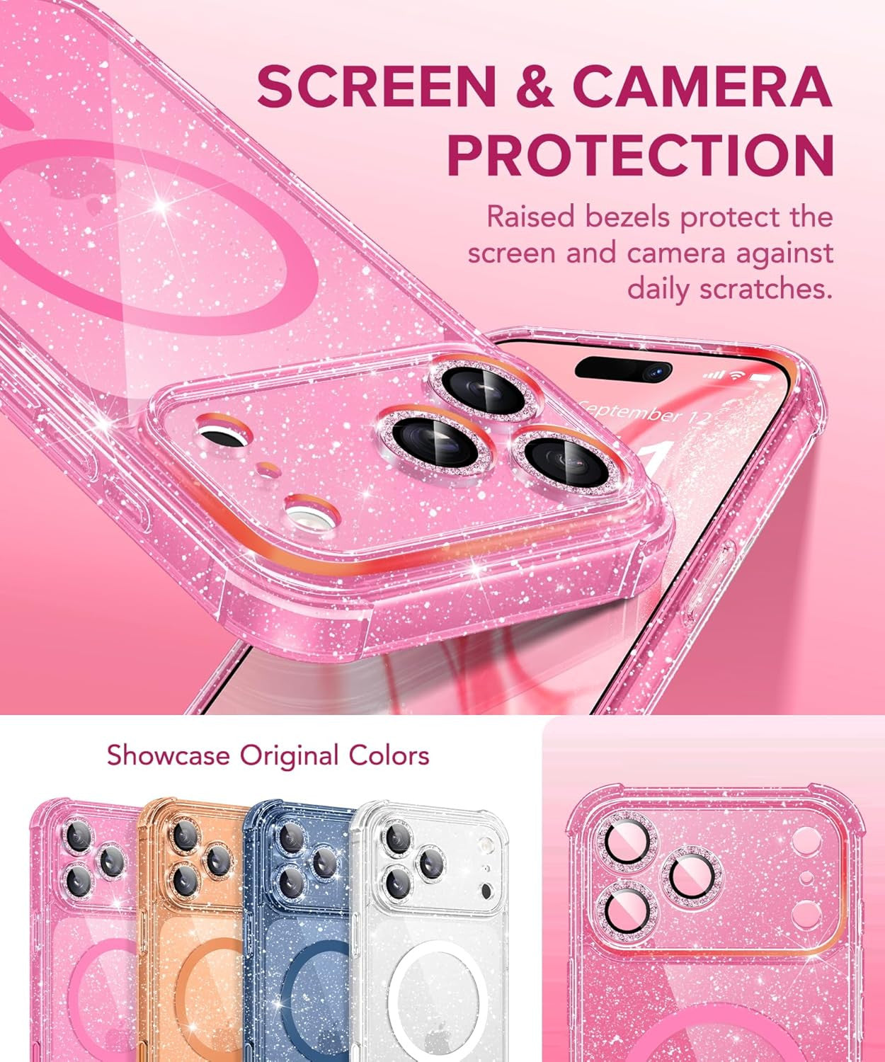for Iphone 17 Pro Case for Women, Compatible with Magsafe, Clear Glitter Shockpr
