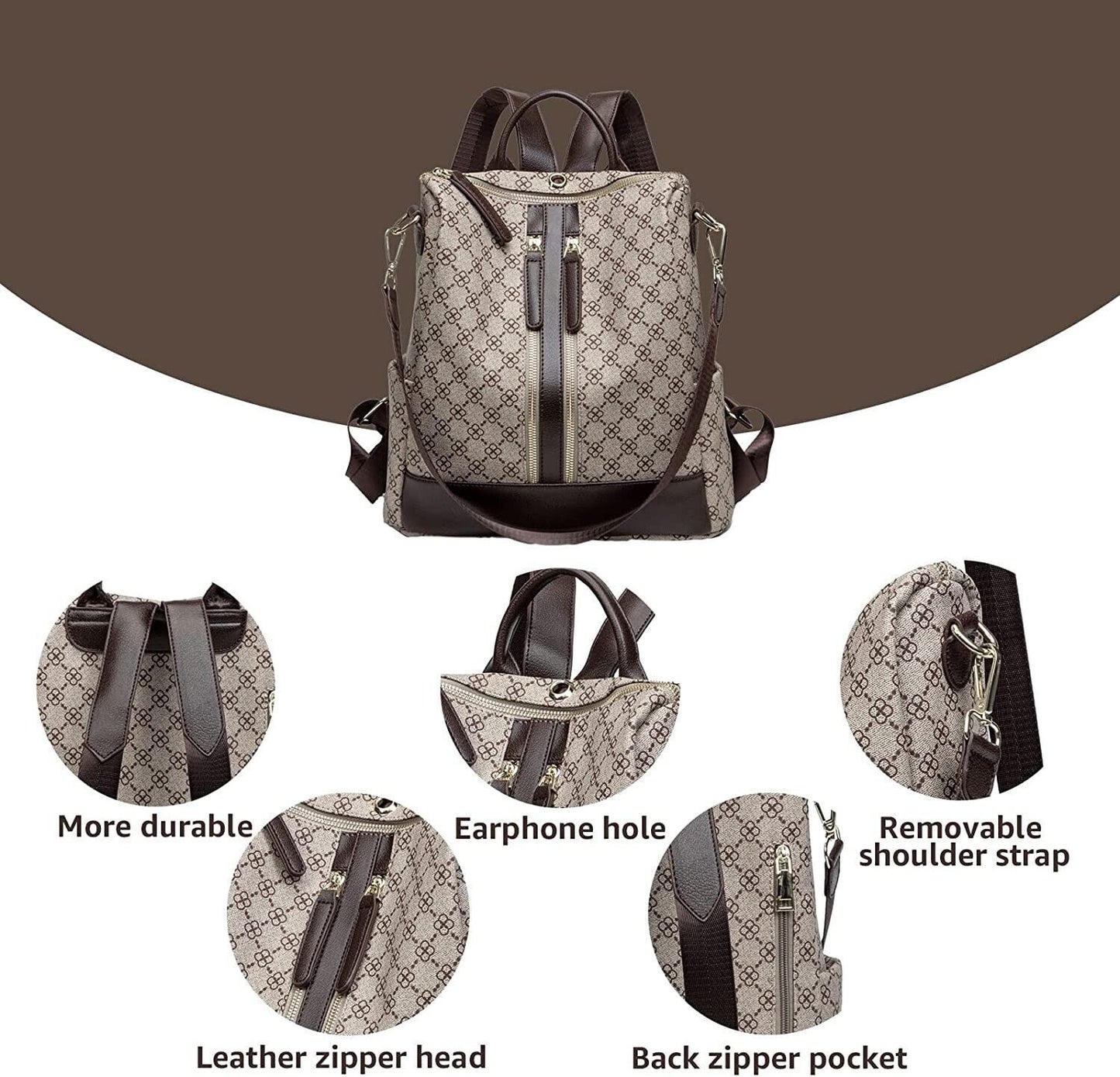 Refutuna Backpack Purse for Women - Fashion Brown PU Leather Designer Handbags -