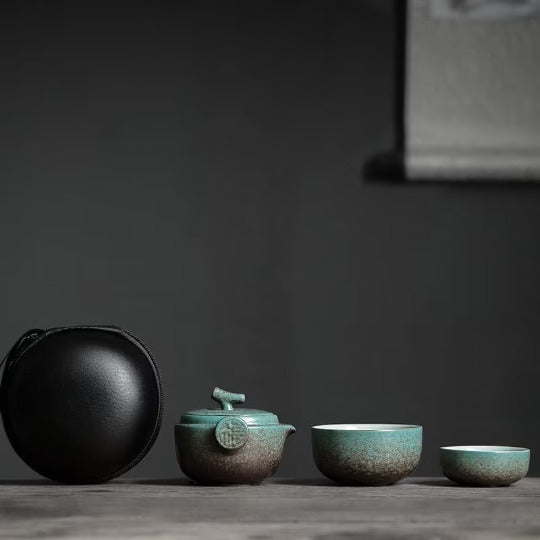Green Ceramic Teapot with 2 Cups Travel Tea Set with Bag