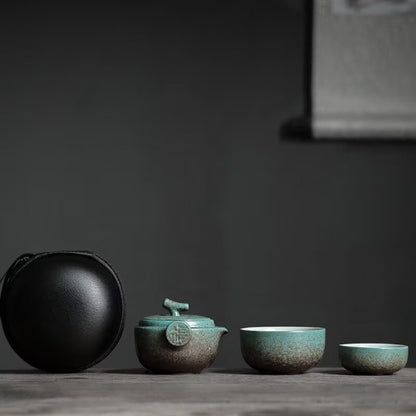 Green Ceramic Teapot with 2 Cups Travel Tea Set with Bag