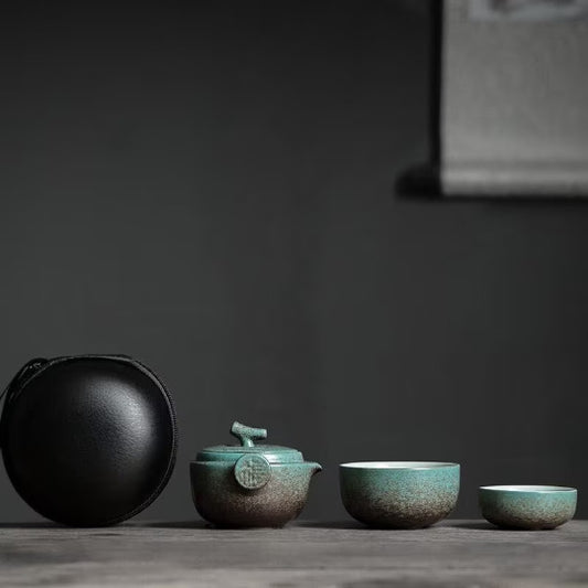 Green Ceramic Teapot with 2 Cups Travel Tea Set with Bag