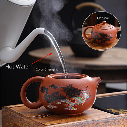 Hand Made Dragon And Phoenix Color Changing Purple Clay Teapot Cup Zisha Tea Set