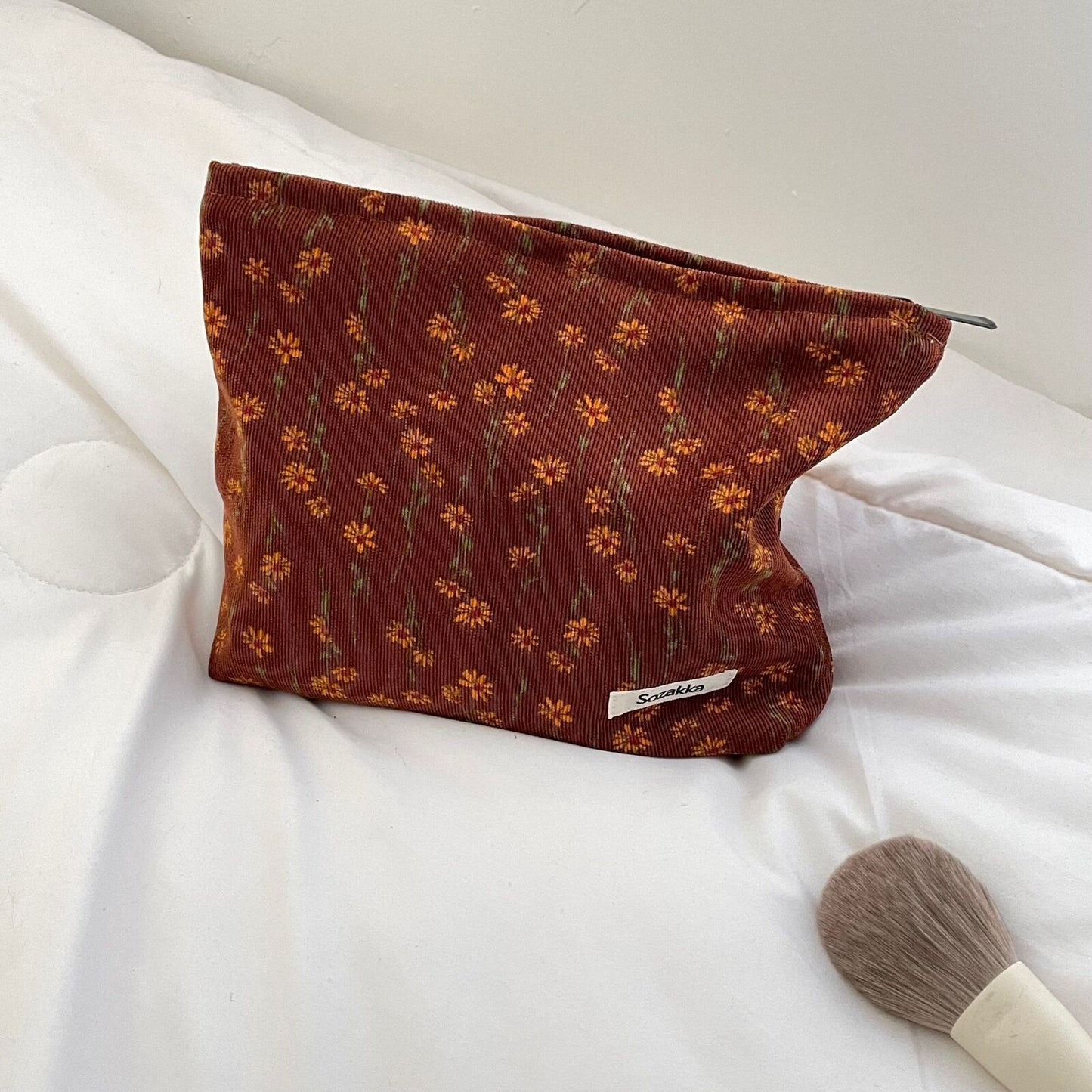 Fashion Corduroy Cosmetic Bag Retro Flower Print Travelling Beauty Storage Bags