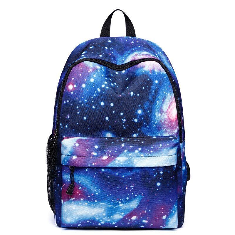 Colorful Space Print Backpack Rechargeable School Bag Traveling Polyester Canvas