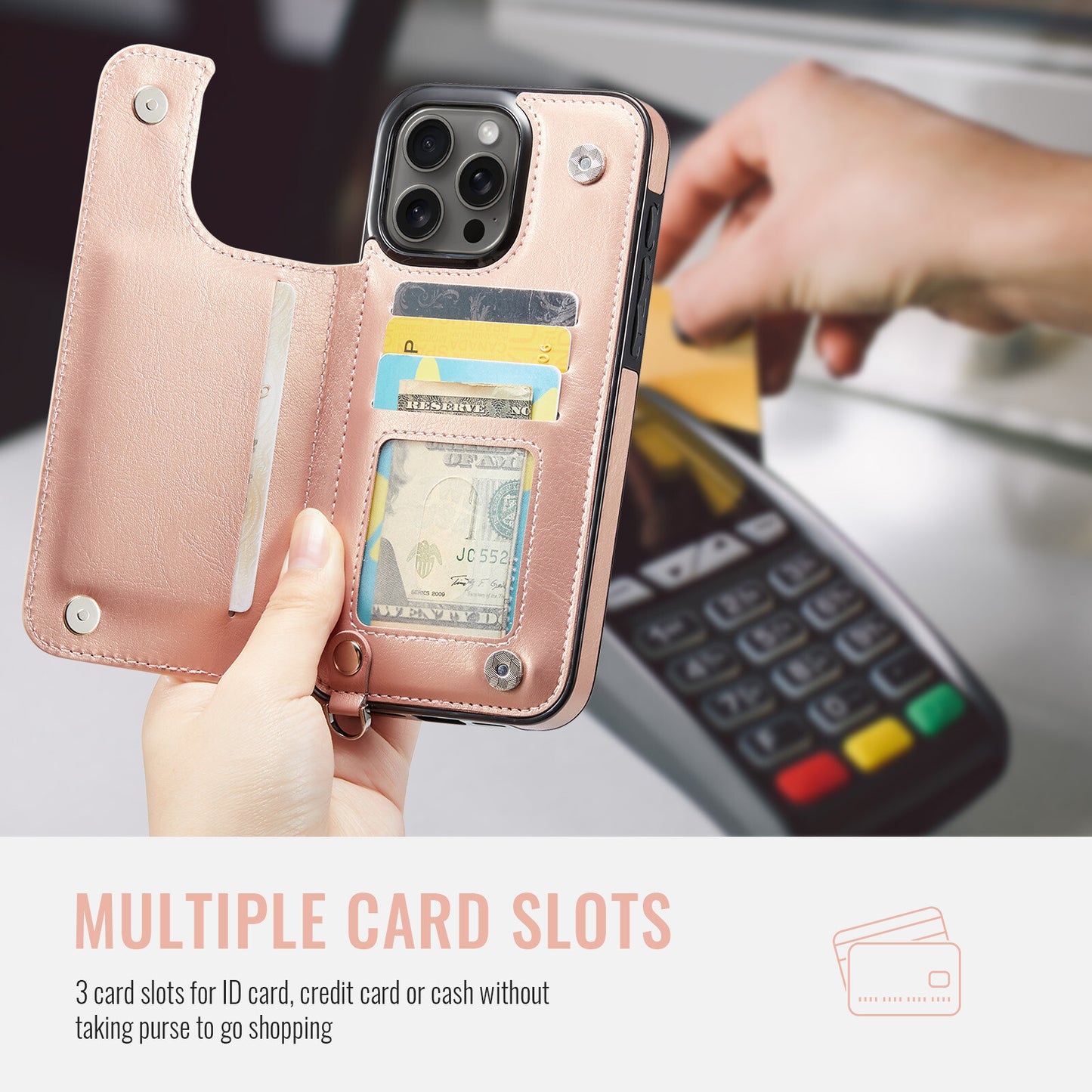 For iPhone 16/15/14/13/12/11 Pro Max Wallet Case with Card Holder Wrist Strap