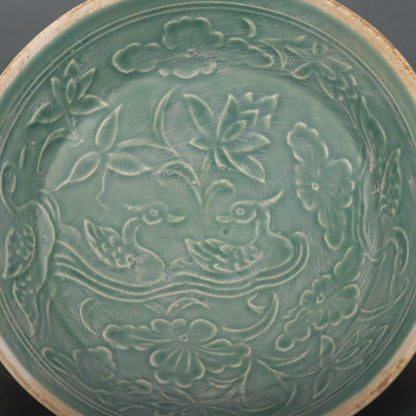 4.9" China Ding Kiln Porcelain Emerald Green Glaze Carve Mandarin Duck Bowl