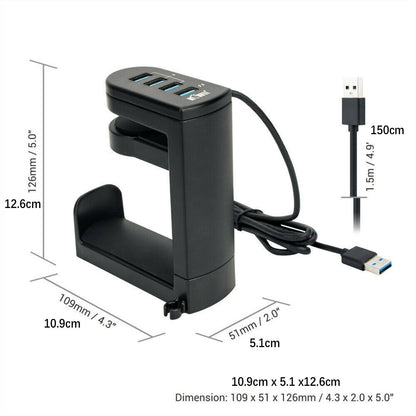 360° Rotation Headset Holder Earphone Storage Hook Stand 4-Port USB Data Hub bb