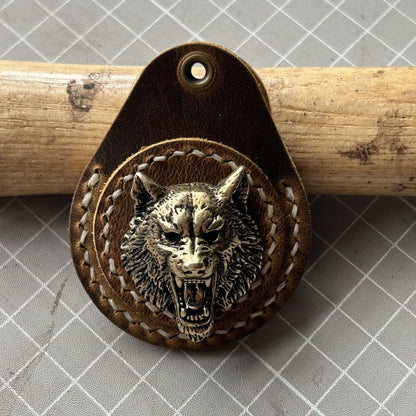 Genuine Leather Brass Wolf Head Key Fob Access Card Holder ≤3.2cm