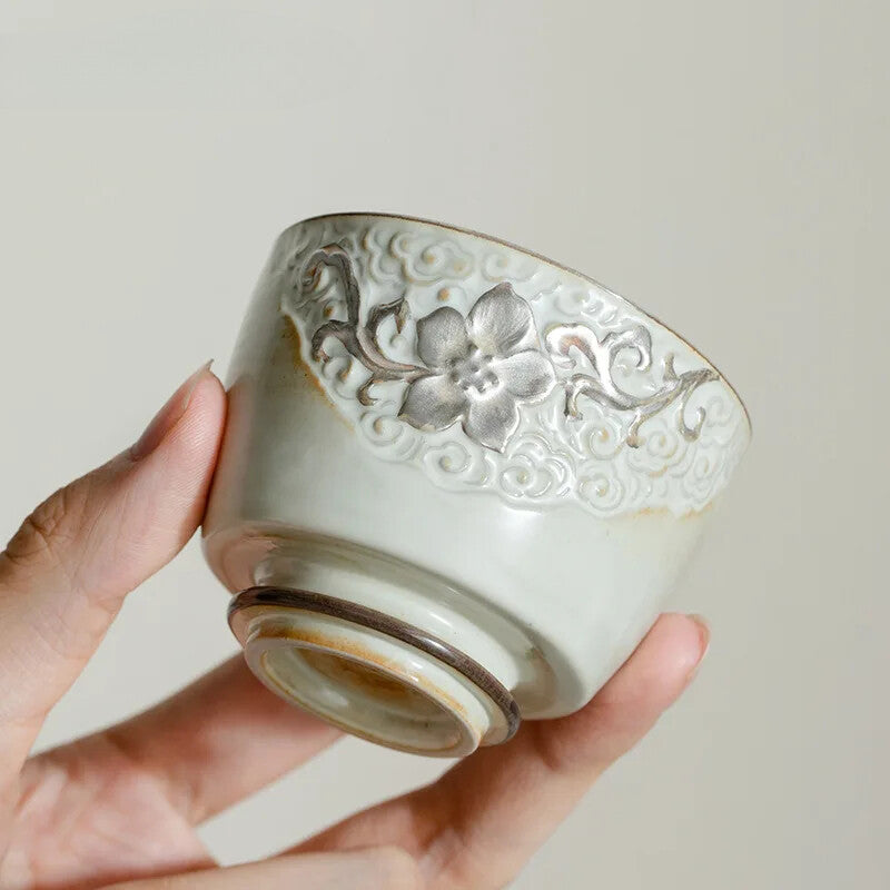 Powder Yin White Tea Cup Carved Drawing Silver Vine Flower High Foot Tea Bowl