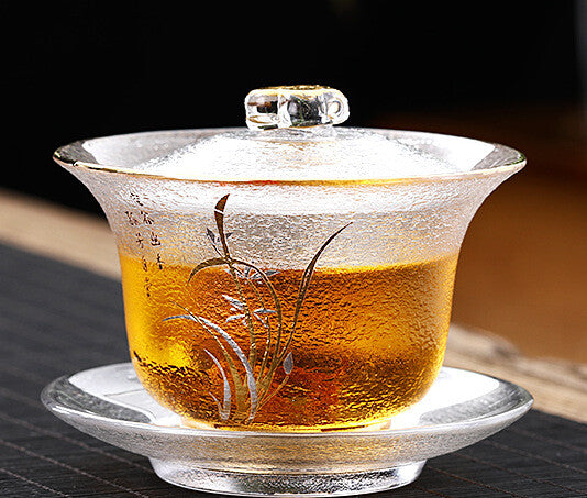 200ml Clear Gaiwan Glass Tureen Floral Relief Teacup Covered Bowl Cup Saucer Mat