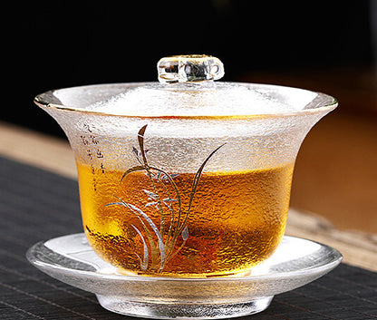 200ml Clear Gaiwan Glass Tureen Floral Relief Teacup Covered Bowl Cup Saucer Mat