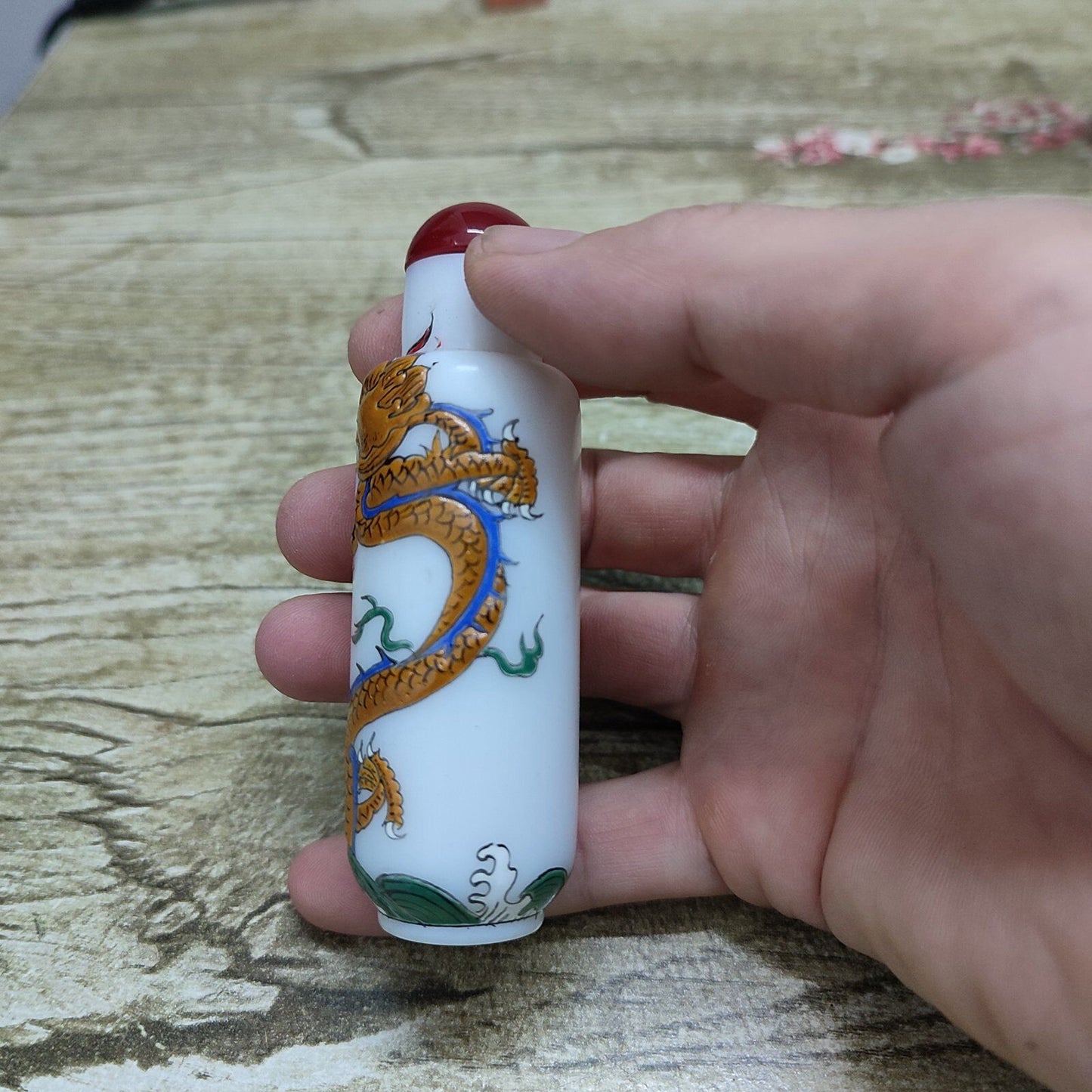 Old Beijing Chinese Glaze Carved Dragon Statue Snuff Bottle Glass Yellow Painted