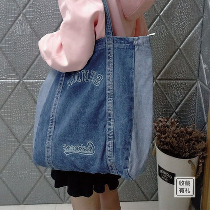 Shoulder Bag Big Denim Handbag Shopping Purse Tote Letter Print 34*36*8 CM Blue