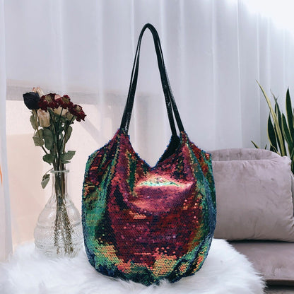 Women Shoulder Bag Large Capacity Sequin Diagonal Soft Handbag Polyester 22x26cm