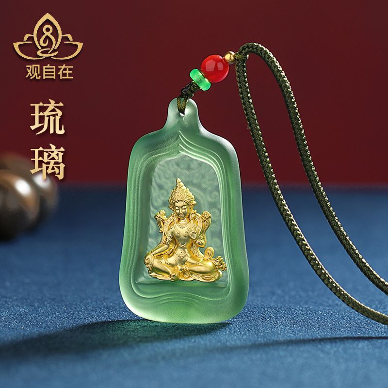5CM Colored Glass Buddhist Pendant Green Tara Buddha Statue Pendant Necklace