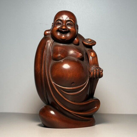 Chinese Vintage Boxwood Carved Laughing Buddha Statue Decor Wooden Sculpture Art