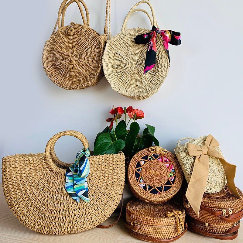 Straw Bag Round Woven Handmade Summer Polyester Crossbody Shoulder Bag Polyester