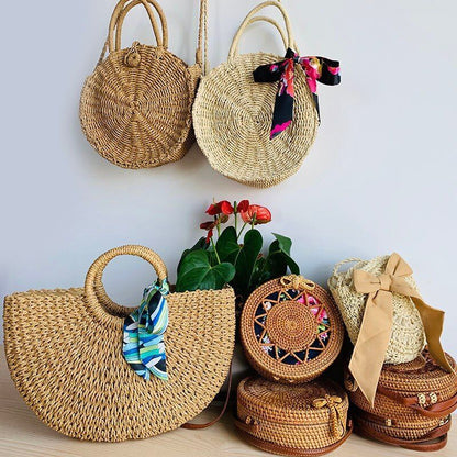 Straw Bag Round Woven Handmade Summer Polyester Crossbody Shoulder Bag Polyester
