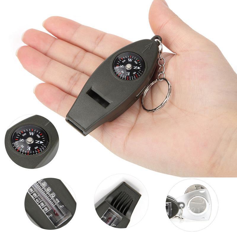 4in1 Outdoor Survival Keychain Compass Thermometer Magnifier Emergency Whistle