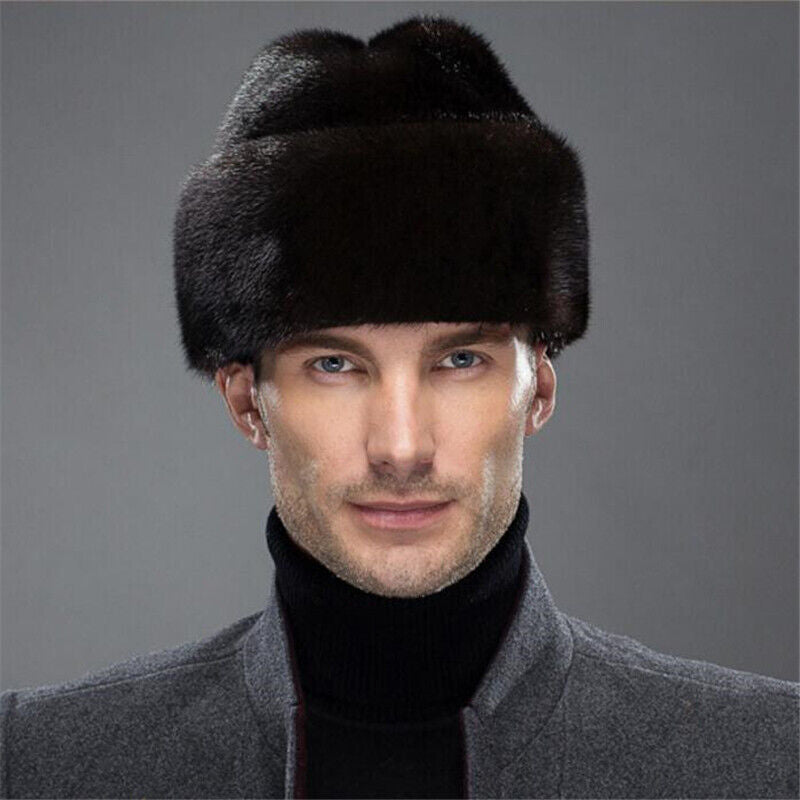 Winter French Style Mens Full-pelt Mink Hats Outdoor Solid Earflaps Hats