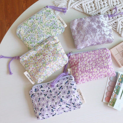 Cotton Floral Organizer Bag Small Fabric Cosmetic Make Up Purse Coin Pouch Case
