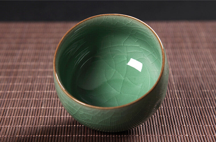 Creative Tea Cup Longquan Celadon Crackle Glaze Porcelain Cup Peony Relief Cups