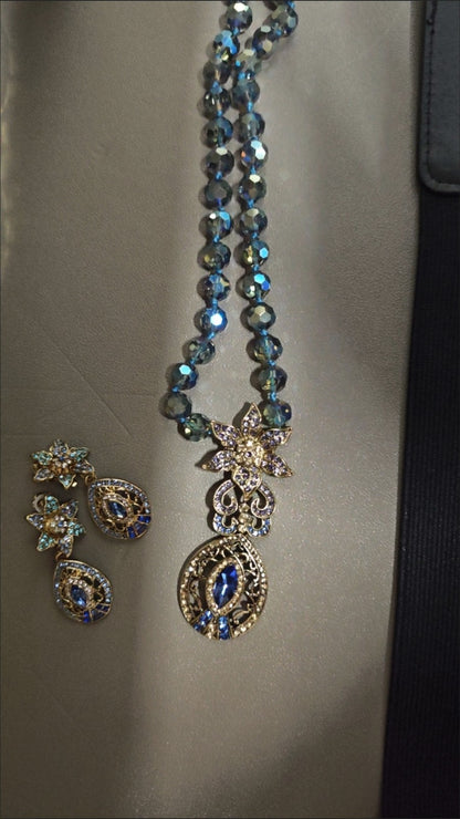 Vintage Blue Crystal Flower Jewelry Set Teardrop Necklace Earrings 2Pcs