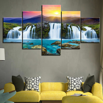 Mountain Waterfall in Sunshine Canvas Prints Painting Wall Art Decor Picture 5PC
