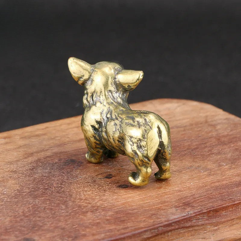 Solid Brass Puppy Corgi Figurine Miniature Tea Pet Craft Desktop Small Ornament