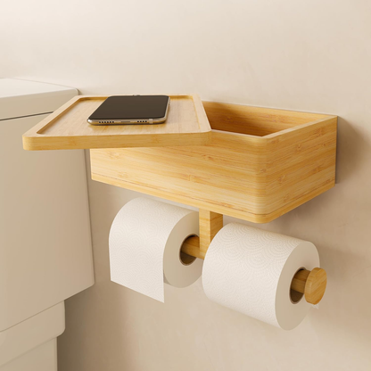 Bamboo Toilet Paper Holder with Shelf and Storage Wall Mount Organizer 3-In-1