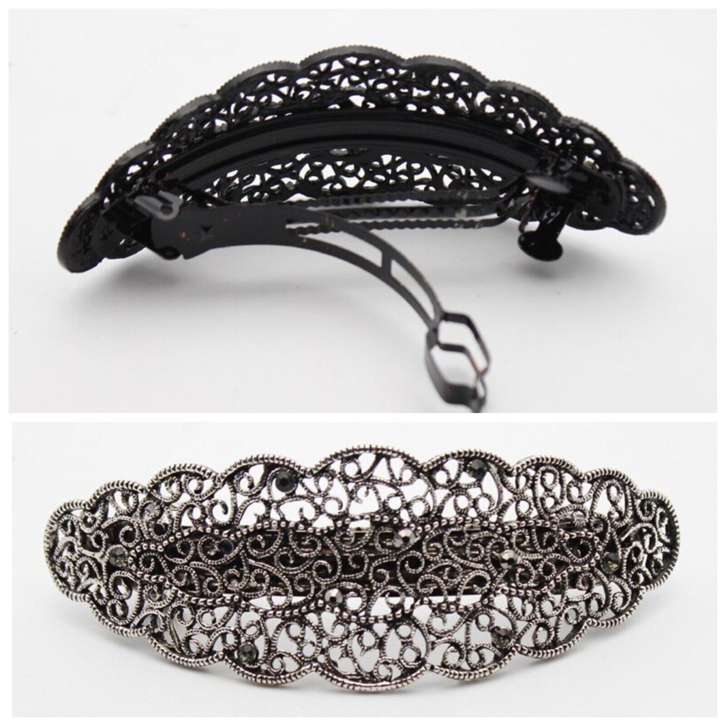 Women Hair Clips Metal Antique Black Silver Rhinestones Hairwear Barrette 10x4cm