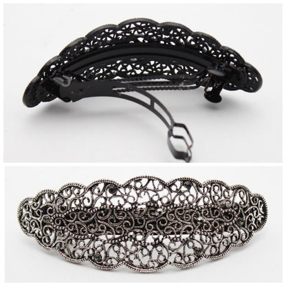 Women Hair Clips Metal Antique Black Silver Rhinestones Hairwear Barrette 10x4cm