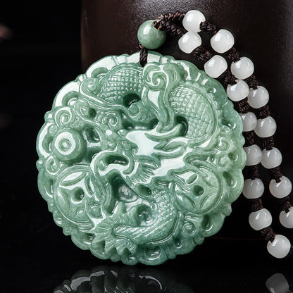 Real Grade A Natural Green Jade Jadeite Dragon Lucky Pendant Beads Necklace