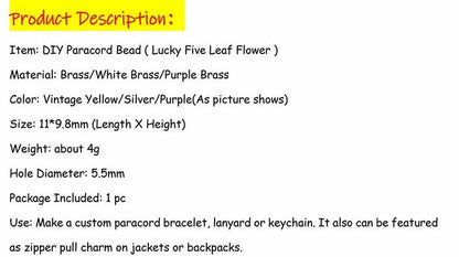Lucky Five Leaf Flower Knife Beads Fashion Paracord Bracelet Brass Accessories