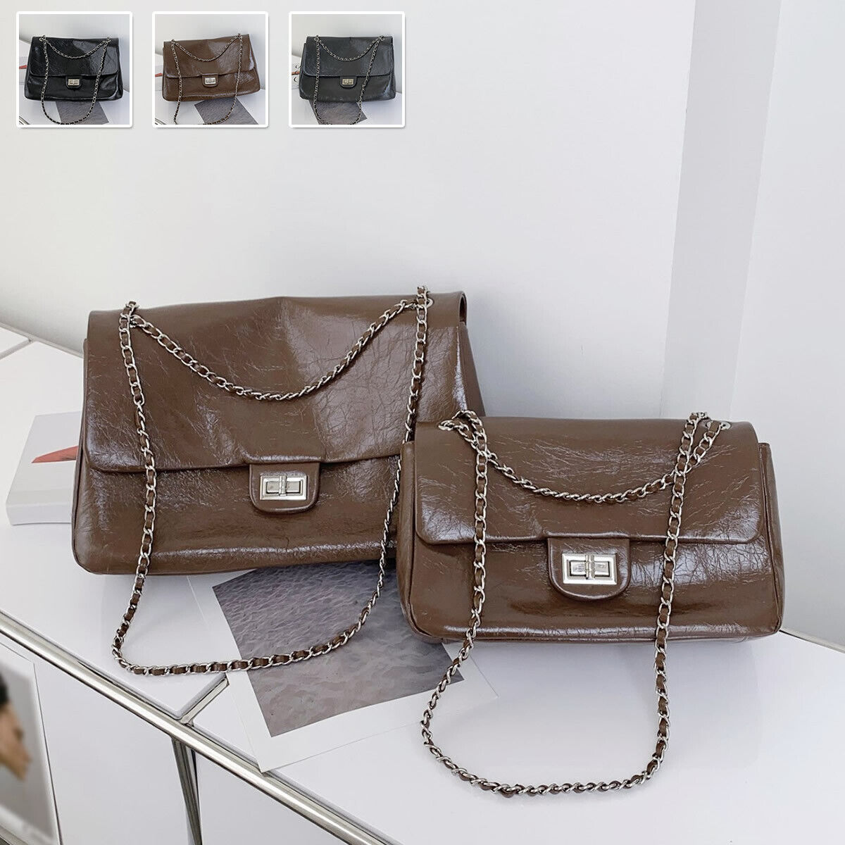 Shiny Real Leather Small Flap Shoulder Bag Purse Double Chains Crossbody Handbag
