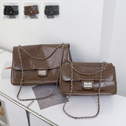 Shiny Real Leather Small Flap Shoulder Bag Purse Double Chains Crossbody Handbag