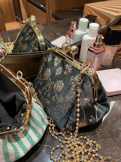 Retro Shoulder Messenger Bag Clutch Striped Gold Bag Luxury Little Handbag Green