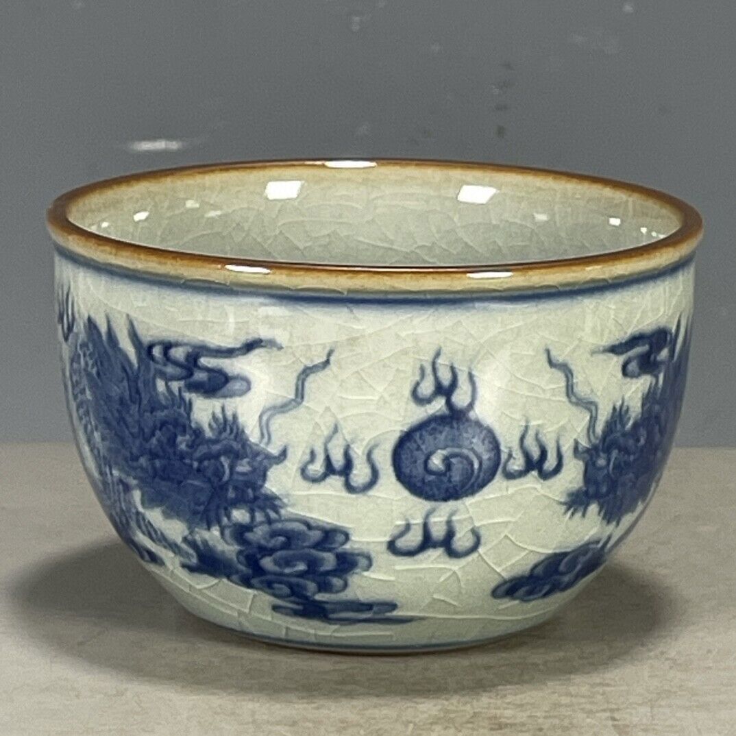 Chinese Porcelain Jingdezhen Blue And White Dragon Pattern Tea Cup 3.42 Inch Big