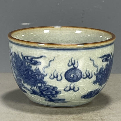 Chinese Porcelain Jingdezhen Blue And White Dragon Pattern Tea Cup 3.42 Inch Big