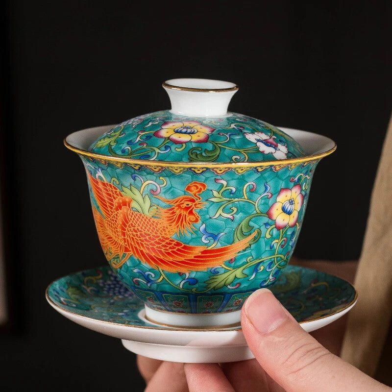 Ceramics Sancai Gaiwan Bowl Dragon and Phoenix Tea Cup Handmade Enamel Color