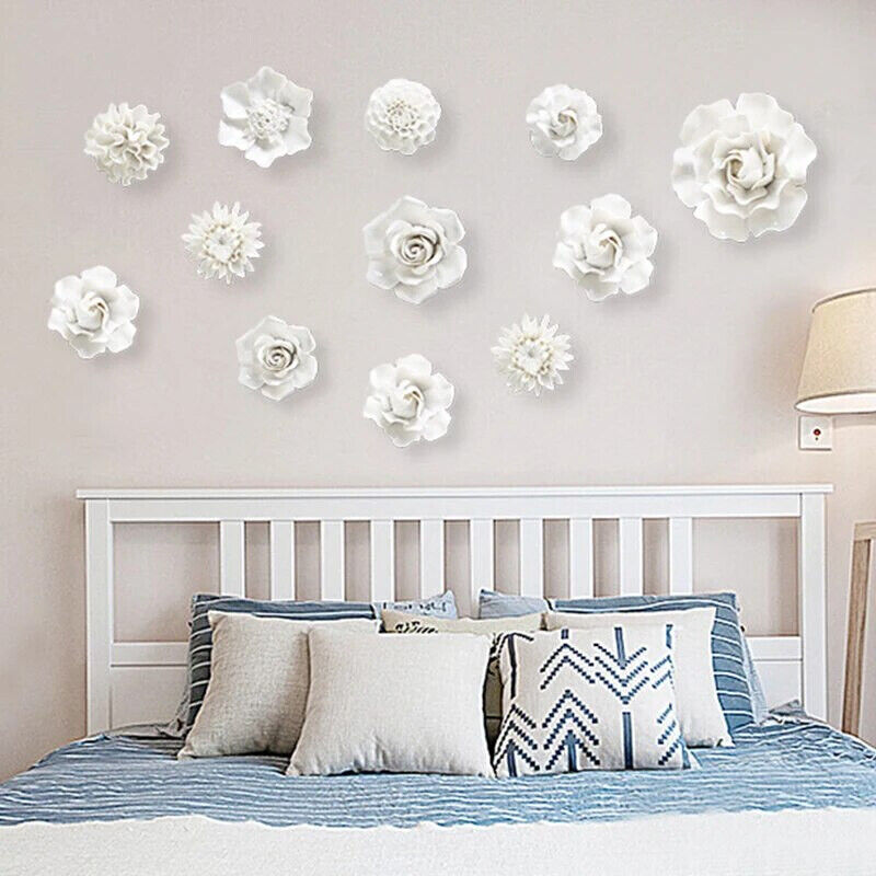 White Flower Wall Stickers Modern 3D Ceramic Decoration TV Background Art Murals
