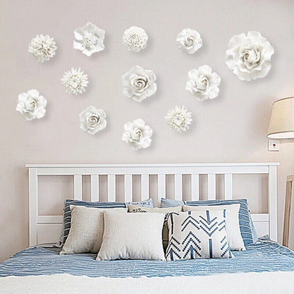 White Flower Wall Stickers Modern 3D Ceramic Decoration TV Background Art Murals